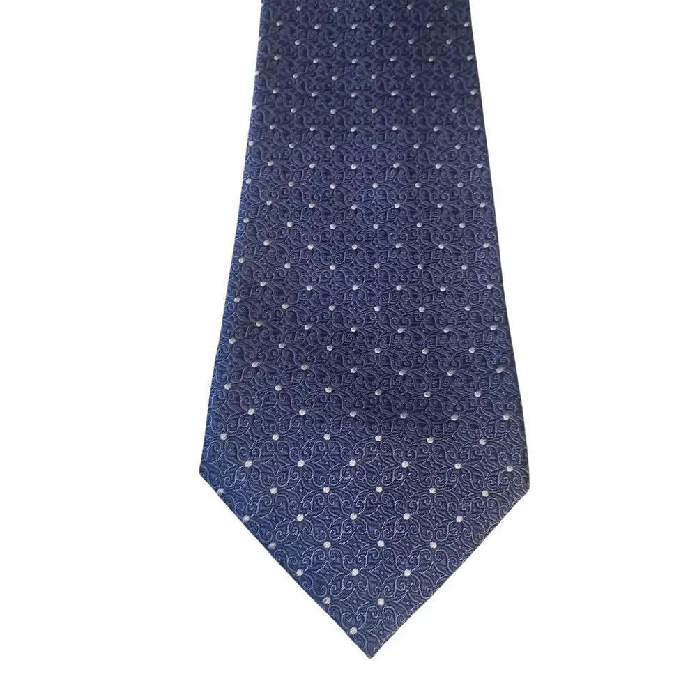 Sean John Mens‎ Tie Necktie Fine Tailoring Blue White Scroll Print Polka Dot